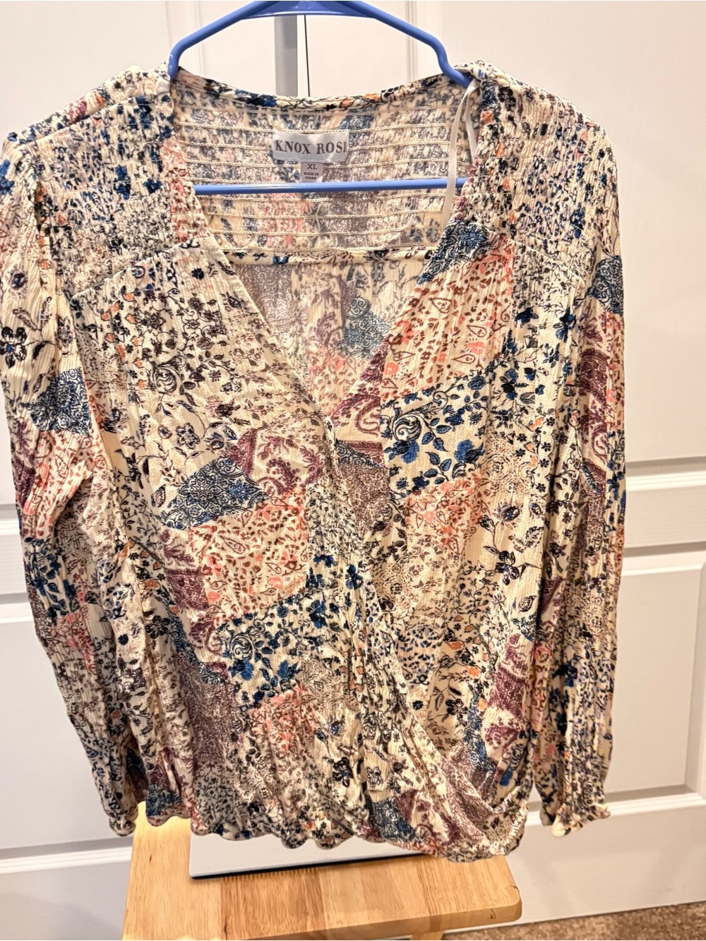 Knox Rose Women’s XL Boho Paisley Floral Patchwork V-Neck Long Sleeve Blouse